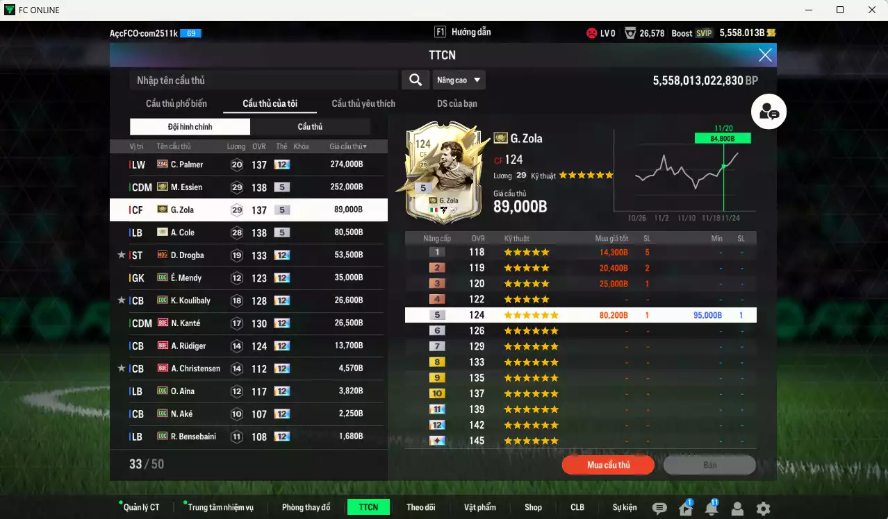 Ảnh [Độc lạ] Chelsea 866.650b có Palmer 21NG+12, Zola ITM+5, Essien ITM+5, A. Cole ITM+5, Drogba MOG+12, É. Mendy COC+12, Koulibaly COC+12, Kanté BOE+12, Rudiger BOE+12... Còn nhiều CP GIẢM THUẾ, đã đào tạo full chỉ số nhiều ct