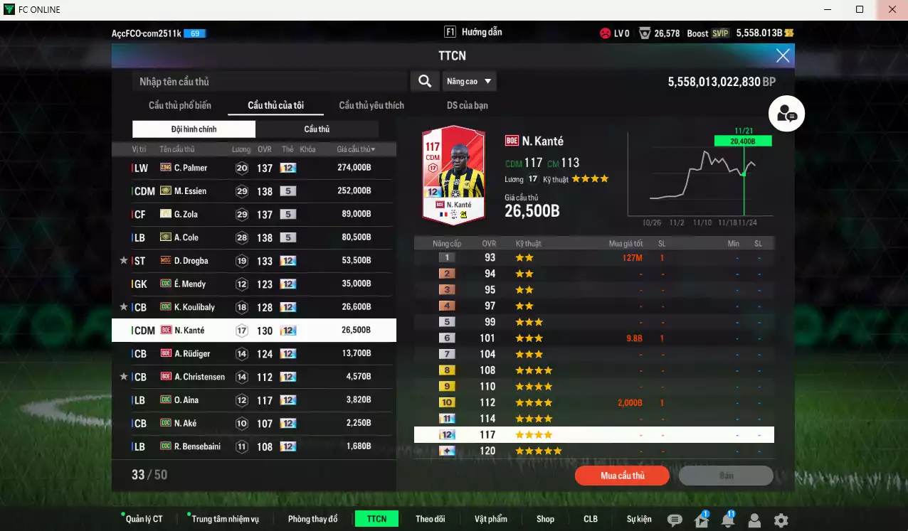 Ảnh [Độc lạ] Chelsea 866.650b có Palmer 21NG+12, Zola ITM+5, Essien ITM+5, A. Cole ITM+5, Drogba MOG+12, É. Mendy COC+12, Koulibaly COC+12, Kanté BOE+12, Rudiger BOE+12... Còn nhiều CP GIẢM THUẾ, đã đào tạo full chỉ số nhiều ct