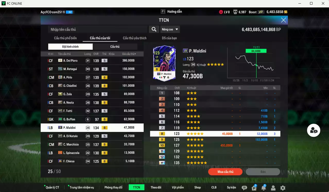 Ảnh Ý 1.223.250b có Del Piero ITM+5, Retegui 25TS, Pirlo MDL, Chiellini DC, Zola ITM+5, Nesta DC, Totti WS, Maldini LN, Di Natale WS, Marchiso DC... Còn nhiều CP GIẢM THUẾ, đã đào tạo chỉ số nhiều cầu thủ