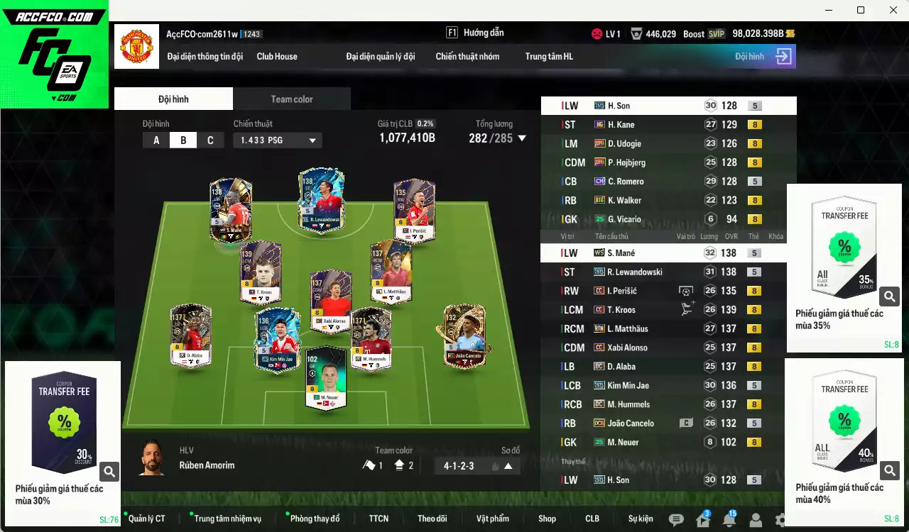 [Tặng 500FC] Bayern Munich 1.077.410b dư 98kb có Kroos CC, Lewandowski 25TS, Mané WS, Matthaus RTN, Alaba DC, Kim Min Jae 25TS, Perisic CC, Kane HG, Hummels DC, Alonso CC... Còn nhiều CP GIẢM THUẾ, HLV Xịn, gần full bảng đào tạo chiến thuật