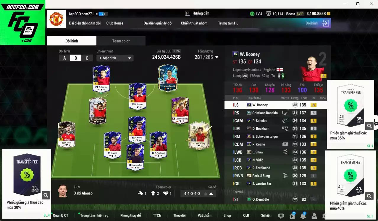 Man Utd. 245.020b có CR7 25TS, Beckham No.7, Vidic LN, Schweinsteiger HG, Park ITM, Ferdinand LN, Shaw DC, VDS LN... HLV Xịn, đã đào tạo chỉ số full cầu thủ