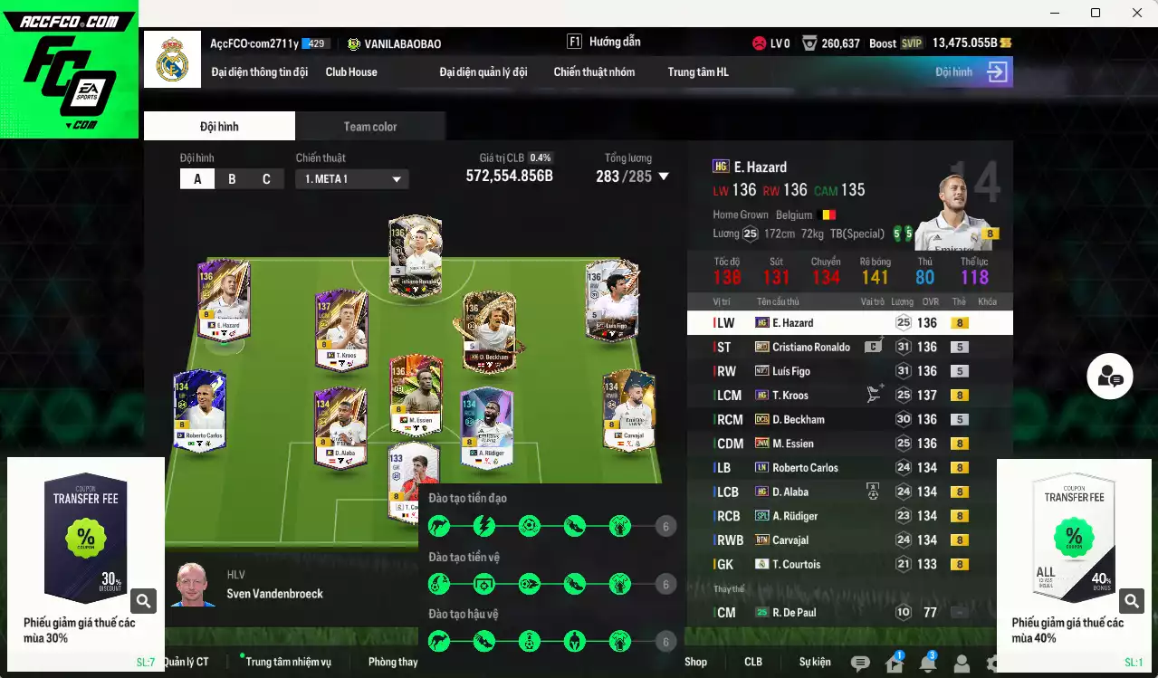 Real Madrid 572.550b có Beckham DCB, Kroos HG, CR7 BLD, Rudiger SPL, Figo No.7, Essien JNM, Hazard HG... HLV Xịn, gần full bảng đào tạo chiến thuật