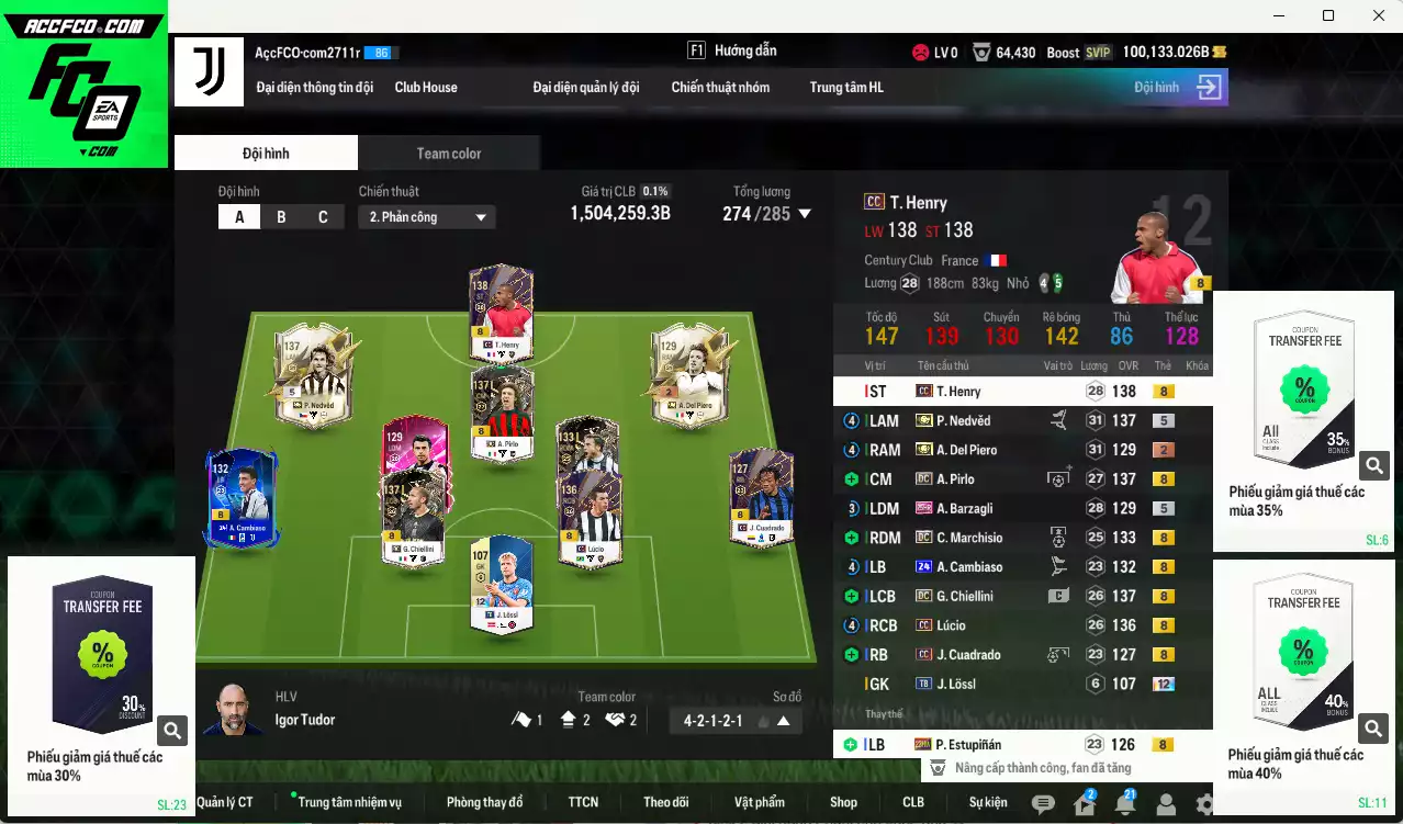 Juventus 1.504.250b dư 100kb có Nedved ITM+5, Henry CC, Pirlo DC, Cambiaso 24UCL, Lúcio CC, Chiellini DC, Del Piero ITM+2, Marchiso DC... Còn nhiều CP GIẢM THUẾ, HLV Xịn, dư 86.000TC