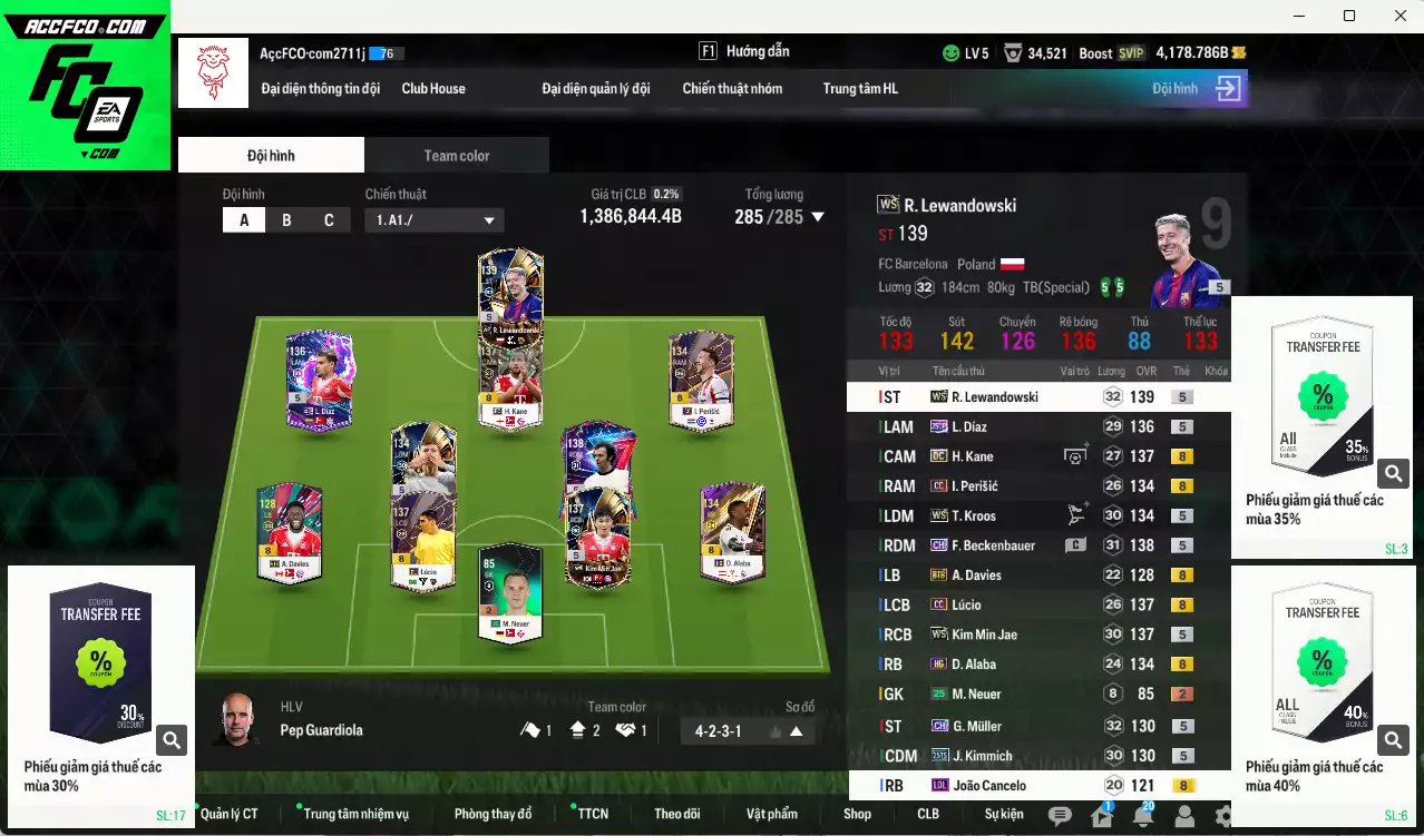 Bayern Munich 1.386.840b có Lewandowski WS, Kane DC, Beckenbauer CH, Kimmich 25TS, Lúcio CC, Kroos WS, Kim Min Jae WS, G. Muller CH, Díaz CH, Perisic CC... Còn nhiều CP GIẢM THUẾ, dư 132.000TC