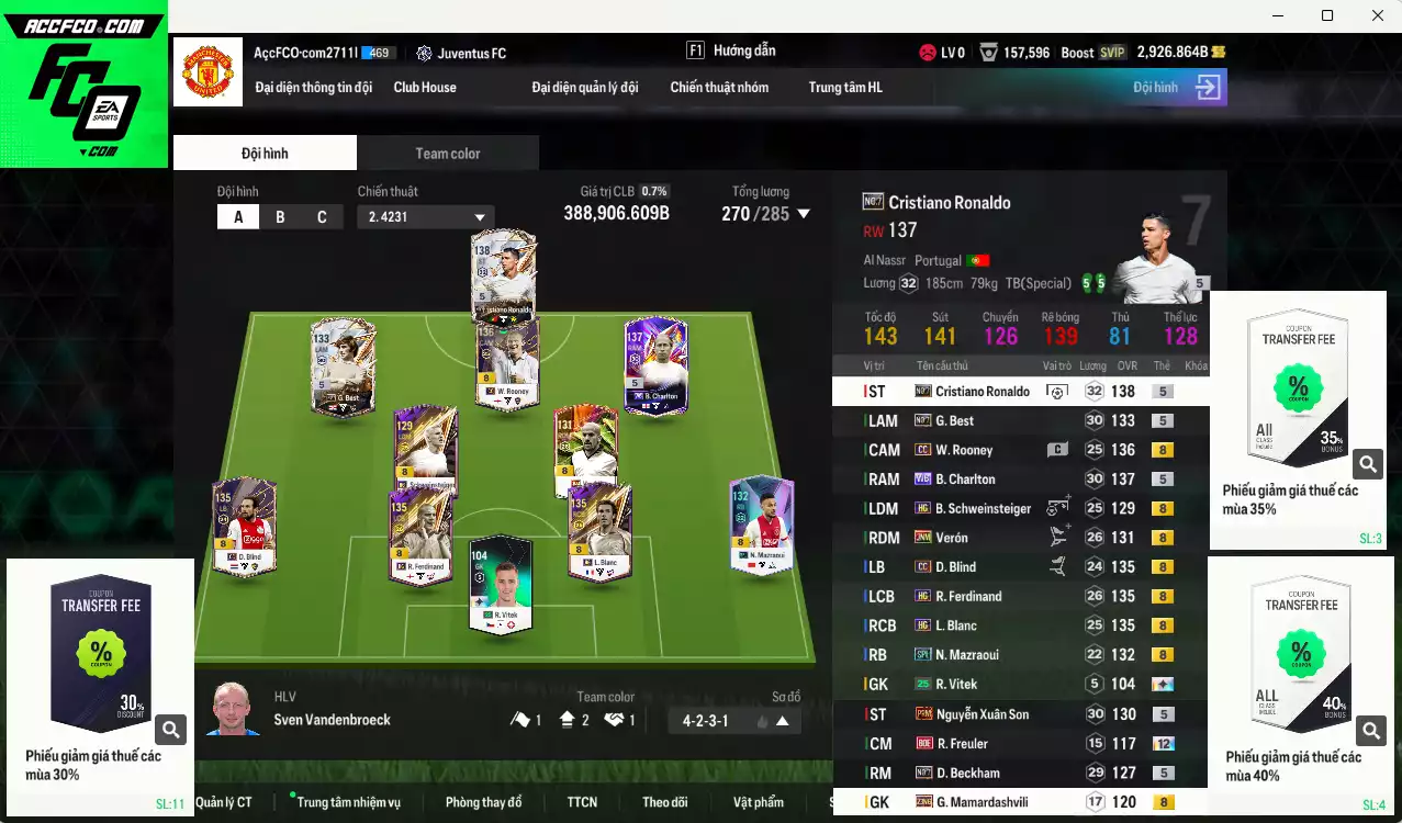 Man Utd. 388.900b có Vitel live+13(tặng), Xuân Son PRM, CR7 No.7, Best No.7, Beckham No.7, Charlton WB, Mazraoui SPL, Verón JNM, Schweinsteiger HG, Ferdinand HG, Rooney CC, Blanc HG... Còn nhiều CP GIẢM THUẾ, HLV Xịn, gần full bảng đào tạo chiến thuật