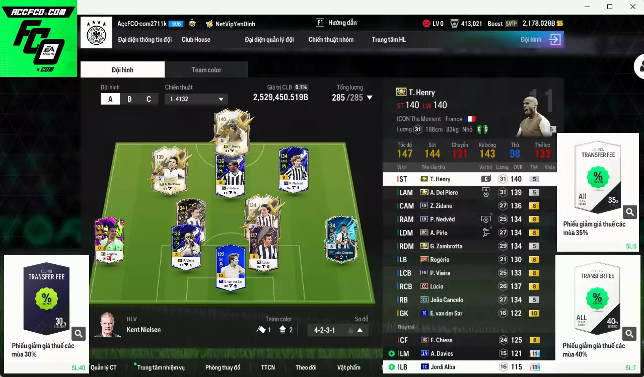 Juventus 2.529.450b có Henry ITM+5, Del Piero ITM+5, Zambrotta ITM+5, Pirlo DC, Zidane LN, Lúcio CC, Nedved LN, Cancelo 25TS, VDS TC+10... Còn nhiều CP GIẢM THUẾ, HLV Xịn, dư 42.000TC