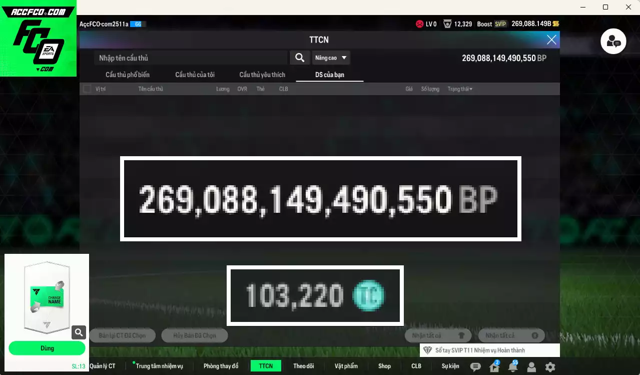 ACC 269088b trắng, có thẻ đổi tên, còn CP GIẢM THUẾ. Dư 103.000TC