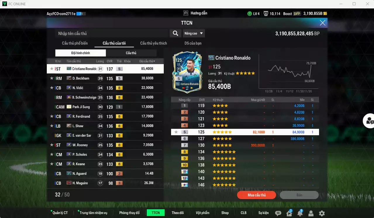 Ảnh Man Utd. 245.020b có CR7 25TS, Beckham No.7, Vidic LN, Schweinsteiger HG, Park ITM, Ferdinand LN, Shaw DC, VDS LN... HLV Xịn, đã đào tạo chỉ số full cầu thủ