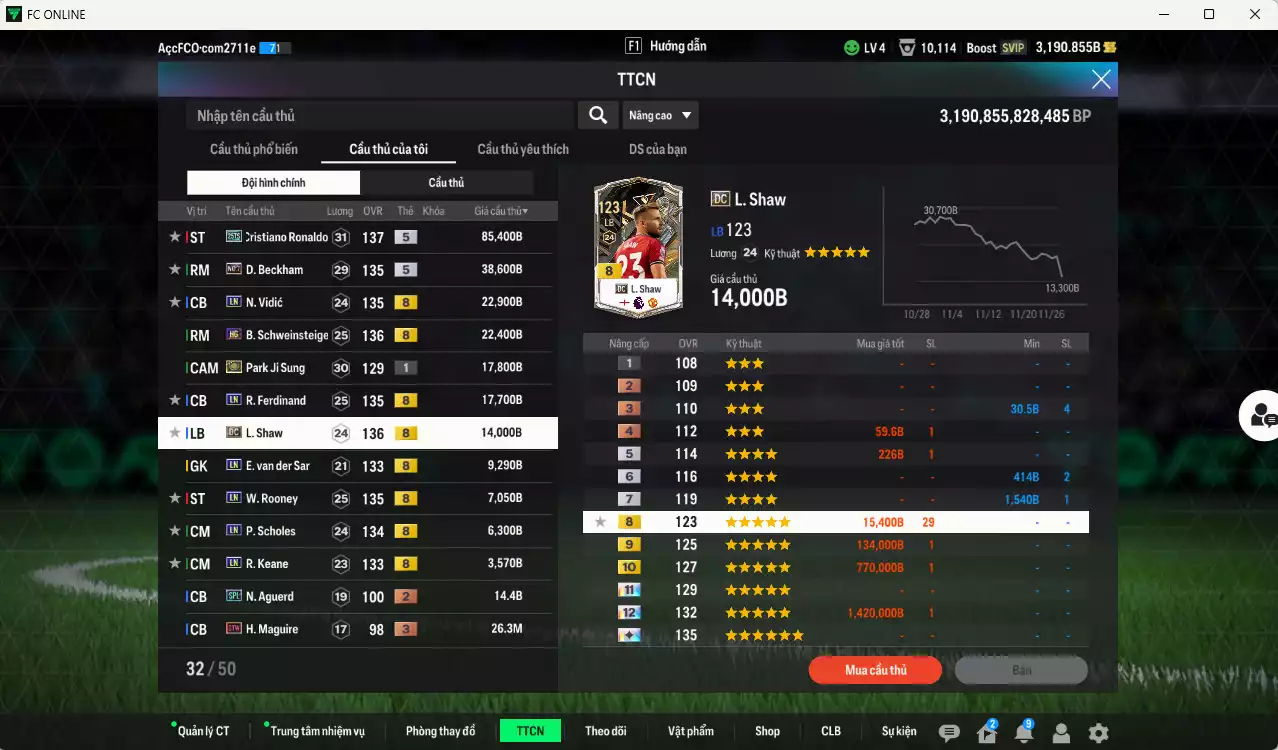 Ảnh Man Utd. 245.020b có CR7 25TS, Beckham No.7, Vidic LN, Schweinsteiger HG, Park ITM, Ferdinand LN, Shaw DC, VDS LN... HLV Xịn, đã đào tạo chỉ số full cầu thủ