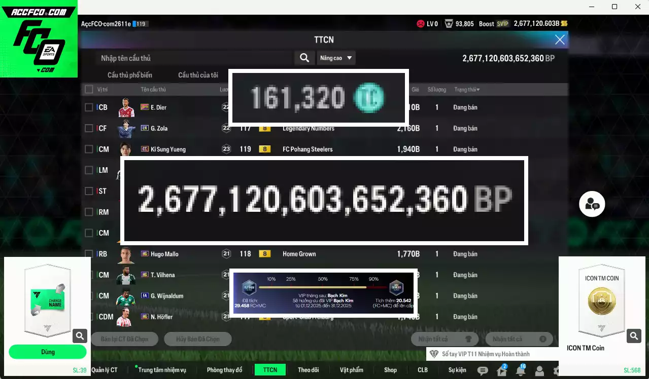ACC 2677120b trắng, có thẻ đổi tên, còn CP GIẢM THUẾ. HLV Xịn, dư 161.000TC, VIP BK Tháng 12