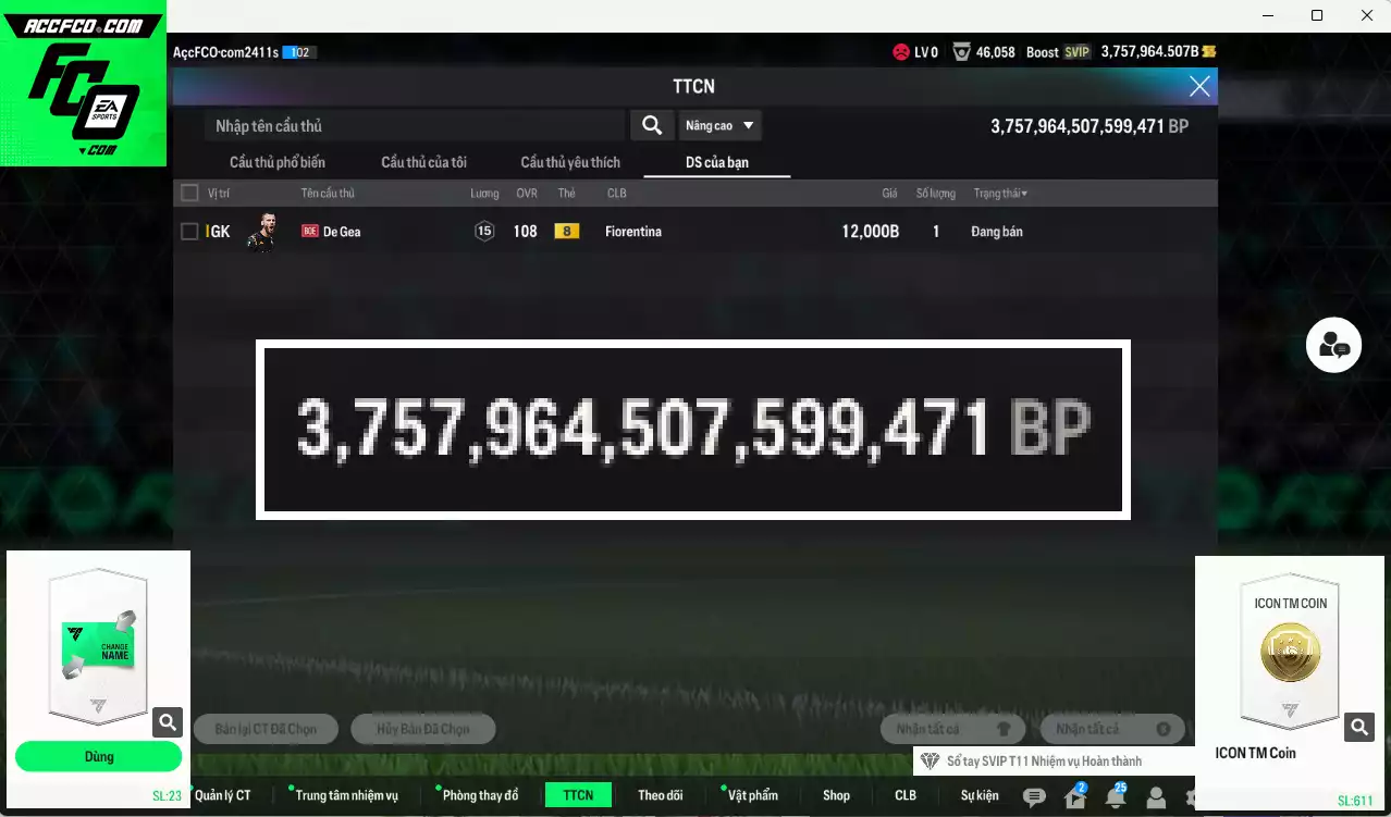 ACC 3757964b trắng, có thẻ đổi tên. HLV Xịn, dư 54.000TC