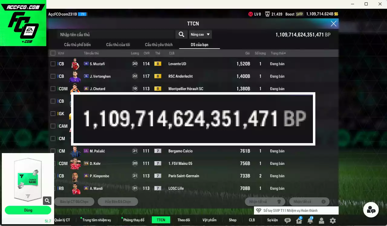 ACC 1109714b trắng, có thẻ đổi tên