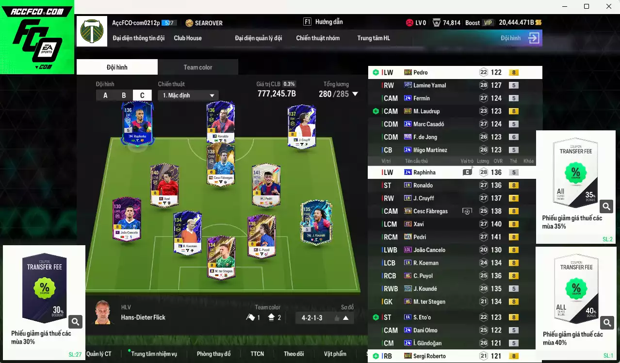 Barcelona 777.240b dư 20kb có Pedri MDL, Ronaldo LN, Xavi CC, Koundé 25TS, Raphinha 24UCL, Cruyff LN, Cesc RTN, Puyol HG, Yamal 25TY... Còn nhiều CP GIẢM THUẾ, HLV Xịn, đã đào tạo chỉ số nhiều ct vs hơn nữa bảng chiến thuật
