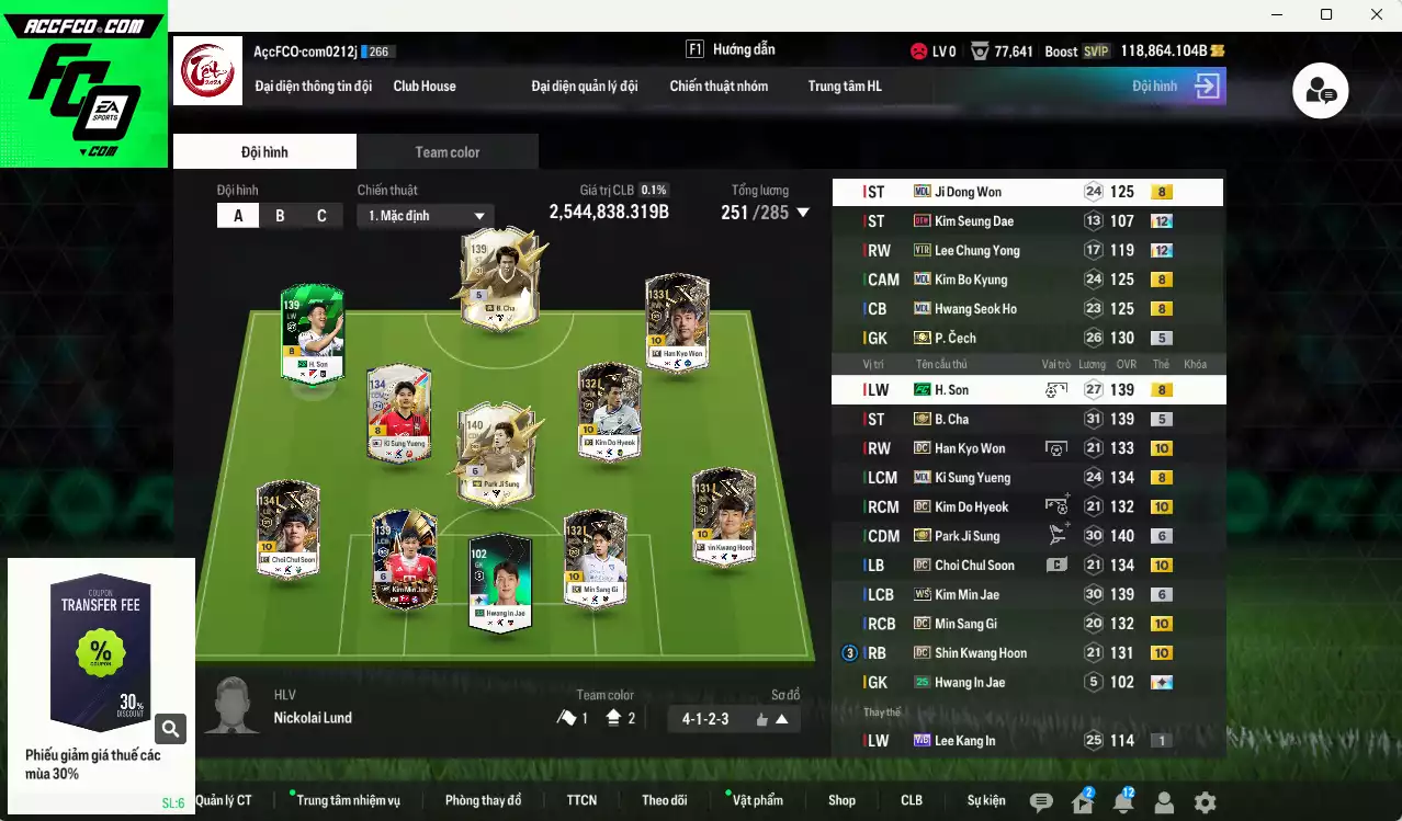 [Độc lạ] Hàn Quốc 2.544.830b dư 118kb có Park Ji Sung ITM+6, B. Cha ITM+5, Kim Min Jae WS+6, Son FC, Cech ITM+5, Choi Chul Soon DC+10, Han Kyo Won DC+10, Min Sang Gi DC+10, Shin Kwang Hoon DC+10... Đã đào tạo chỉ số nhiều ct, dư 40.000TC, VIP BK Tháng 12