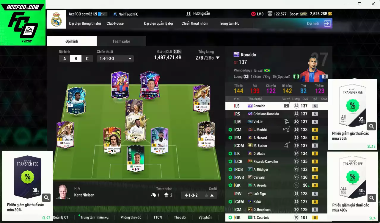 Real Madrid 1.497.470b có Vini 25TS, CR7 CH, Essien ITM+5, Kaká LN, Beckham DCB, Ronaldo WB, Modric CC, Rudiger SPL, Figo No.7, Carvajal DC, Hazard HG... Còn nhiều CP GIẢM THUẾ, HLV Xịn, đã đào tạo chỉ số nhiều ct