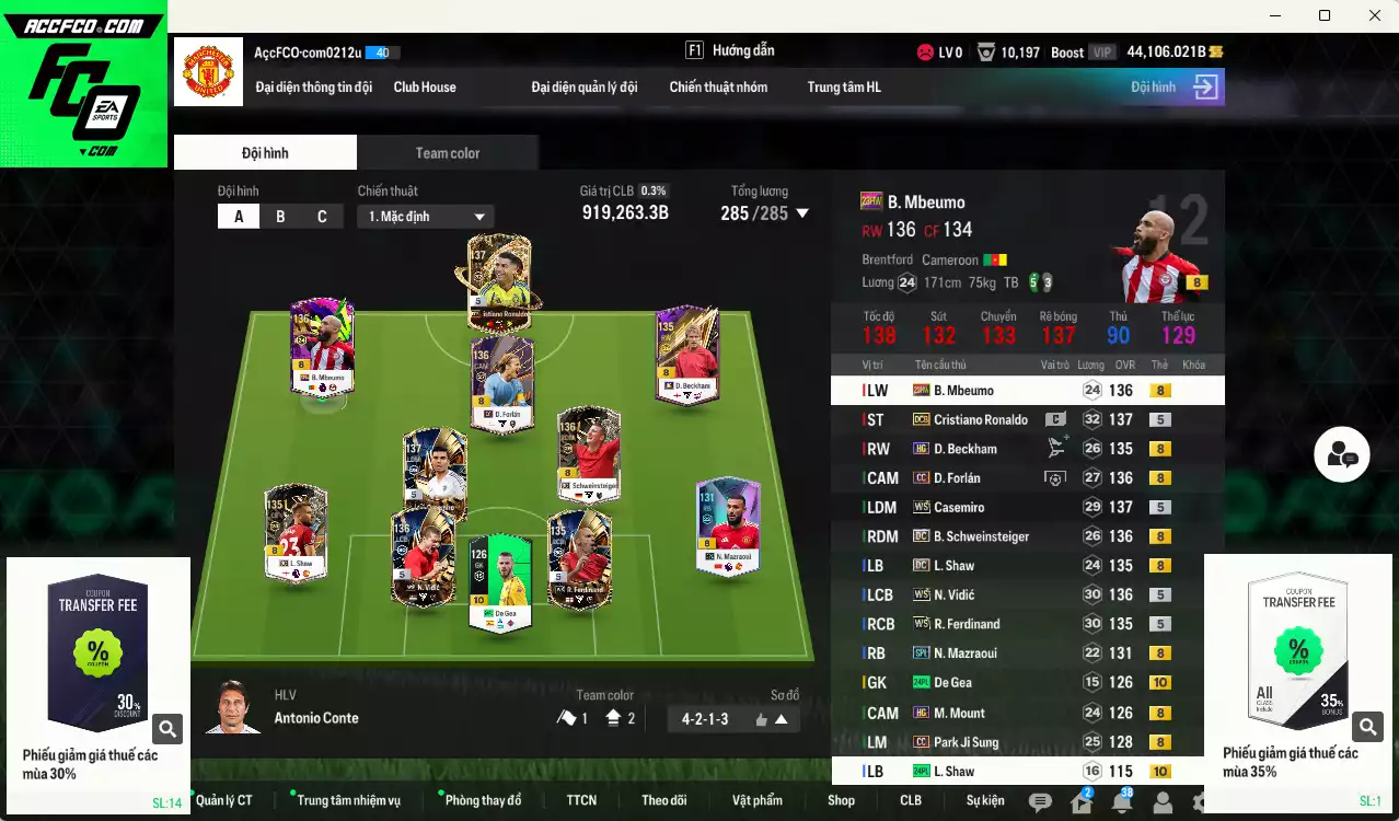 Man Utd. 919.260b dư 44kb có Forlán CC, Casemiro WS, CR7 DCB, Beckham HG, Vidic WS, De Gea 24PL+10, Schweinsteiger DC, Ferdinand DC, Mazraoui SPL, Park CC, Mbeumo 23HW... Đã đào tạo chỉ số nhiều ct