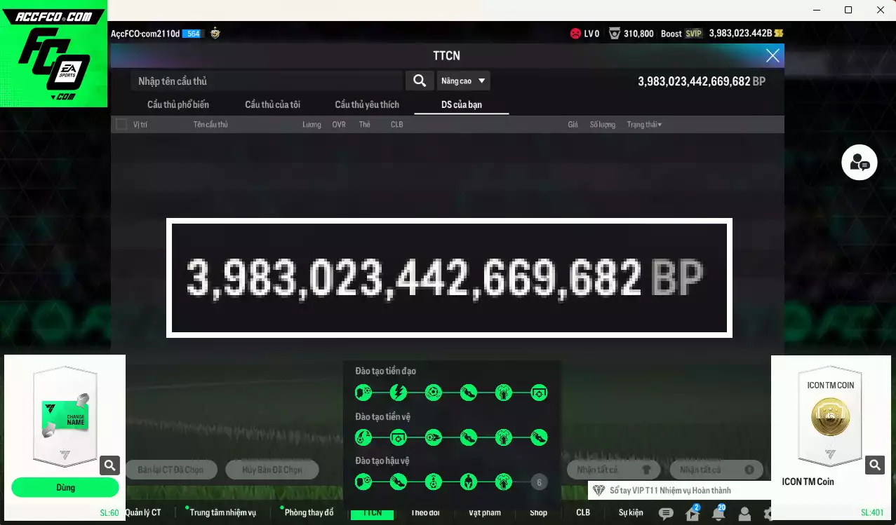 ACC 3983023b trắng, có thẻ đổi tên, còn nhiều CP GIẢM THUẾ. HLV Siêu Xịn, đã full bảng đào tạo chiến thuật