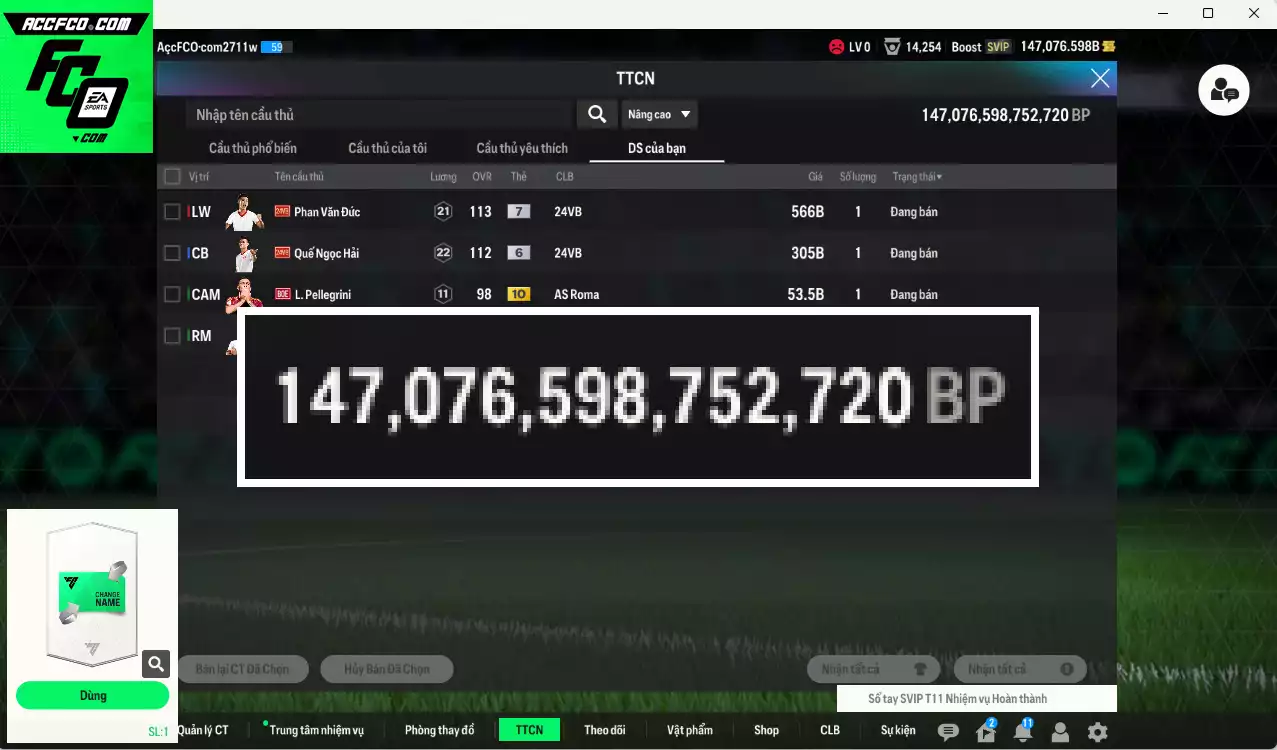 ACC 147076b trắng, có thẻ đổi tên. Dư 83.000TC