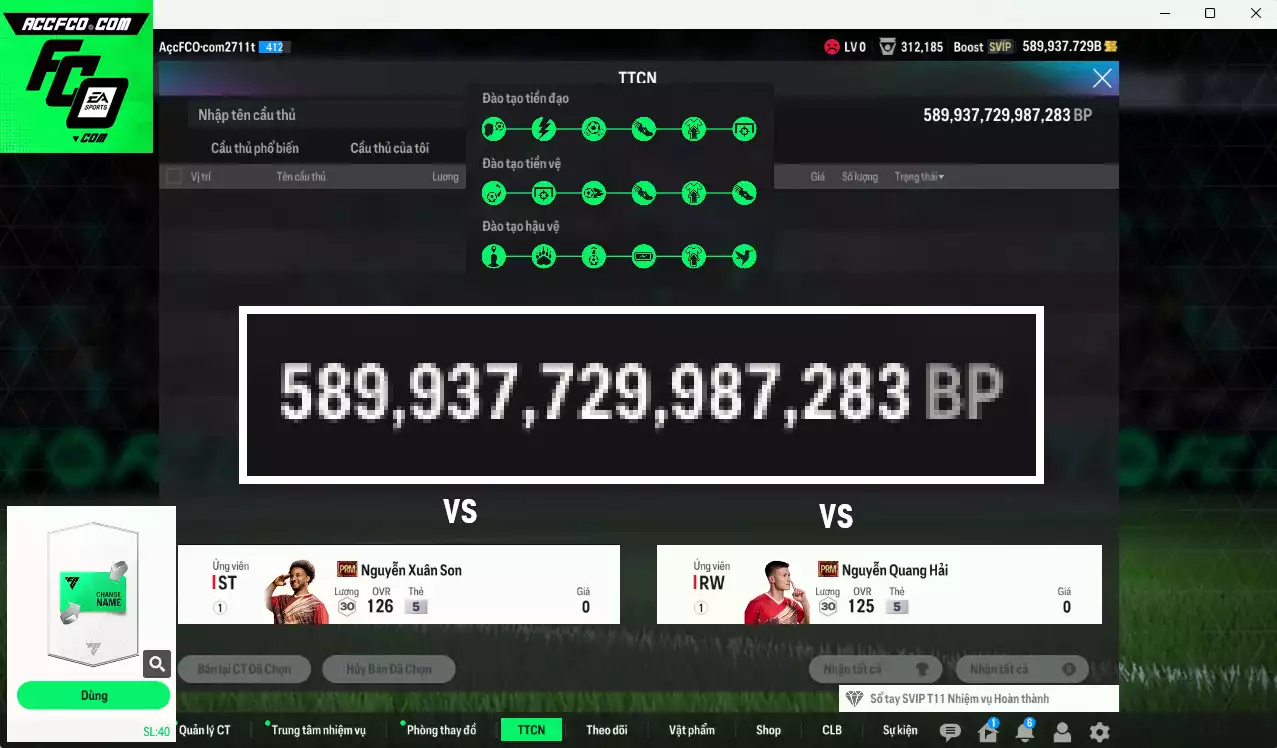 ACC 589937b trắng vs Xuân Son PRM, Quang Hải PRM, có thẻ đổi tên, còn nhiều SVIP vs CP GIẢM THUẾ. HLV Xịn, đã full bảng đào tạo chiến thuật