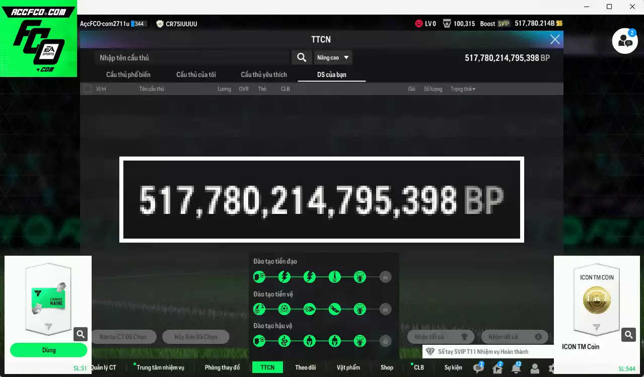 ACC 517780b trắng, có thẻ đổi tên. Gần full bảng đào tạo chiến thuật, dư 39.000TC