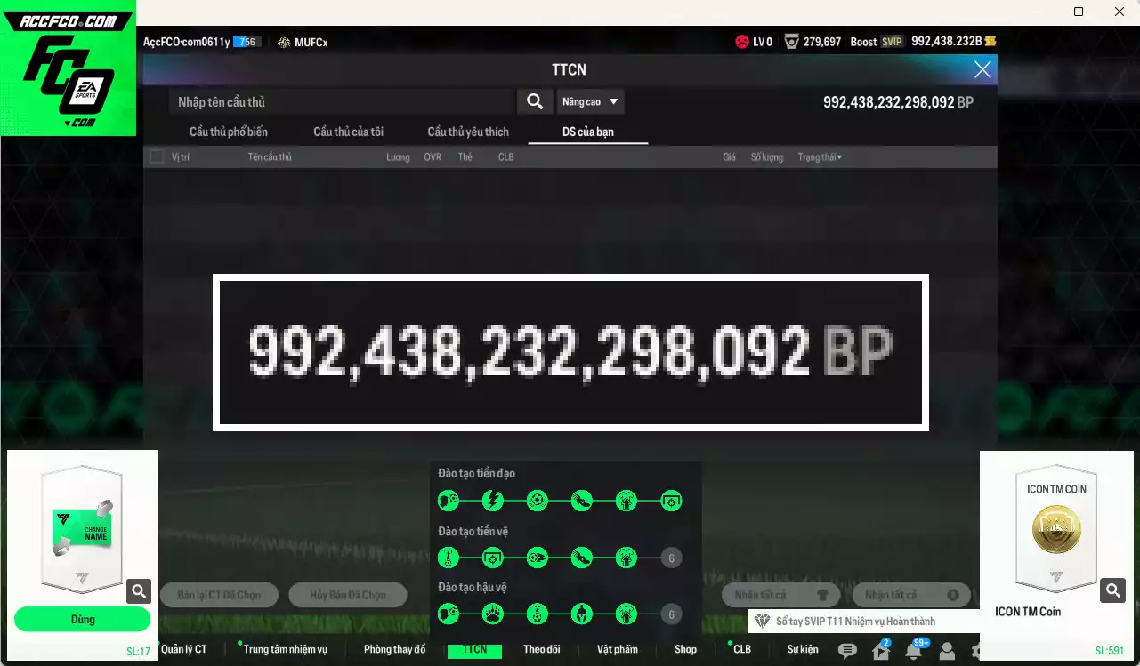 ACC 992438b trắng, có thẻ đổi tên, còn CP GIẢM THUẾ. HLV Xịn, gần full bảng đào tạo chiến thuật