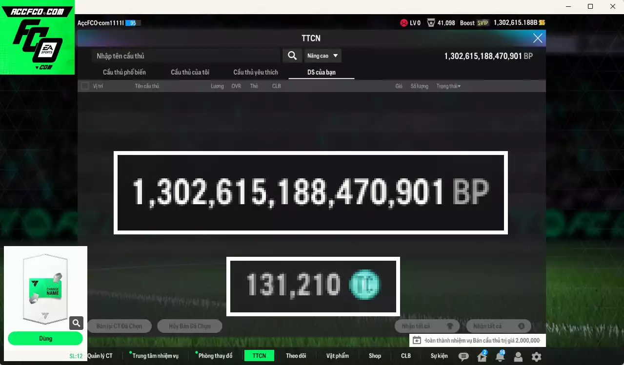 ACC 1302615b trắng, có thẻ đổi tên, còn CP GIẢM THUẾ. Dư 131.000TC