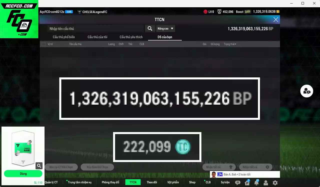 ACC 1326319b trắng, có thẻ đổi tên, còn nhiều thẻ BV vs NCL. HLV Siêu Xịn, dư 222.000TC