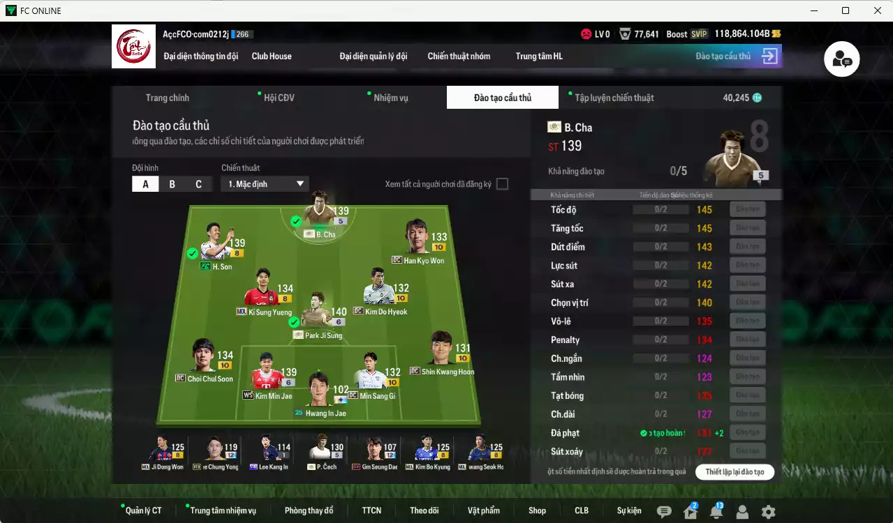 Ảnh [Độc lạ] Hàn Quốc 2.544.830b dư 118kb có Park Ji Sung ITM+6, B. Cha ITM+5, Kim Min Jae WS+6, Son FC, Cech ITM+5, Choi Chul Soon DC+10, Han Kyo Won DC+10, Min Sang Gi DC+10, Shin Kwang Hoon DC+10... Đã đào tạo chỉ số nhiều ct, dư 40.000TC, VIP BK Tháng 12