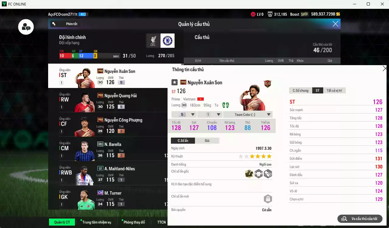 Ảnh ACC 589937b trắng vs Xuân Son PRM, Quang Hải PRM, có thẻ đổi tên, còn nhiều SVIP vs CP GIẢM THUẾ. HLV Xịn, đã full bảng đào tạo chiến thuật
