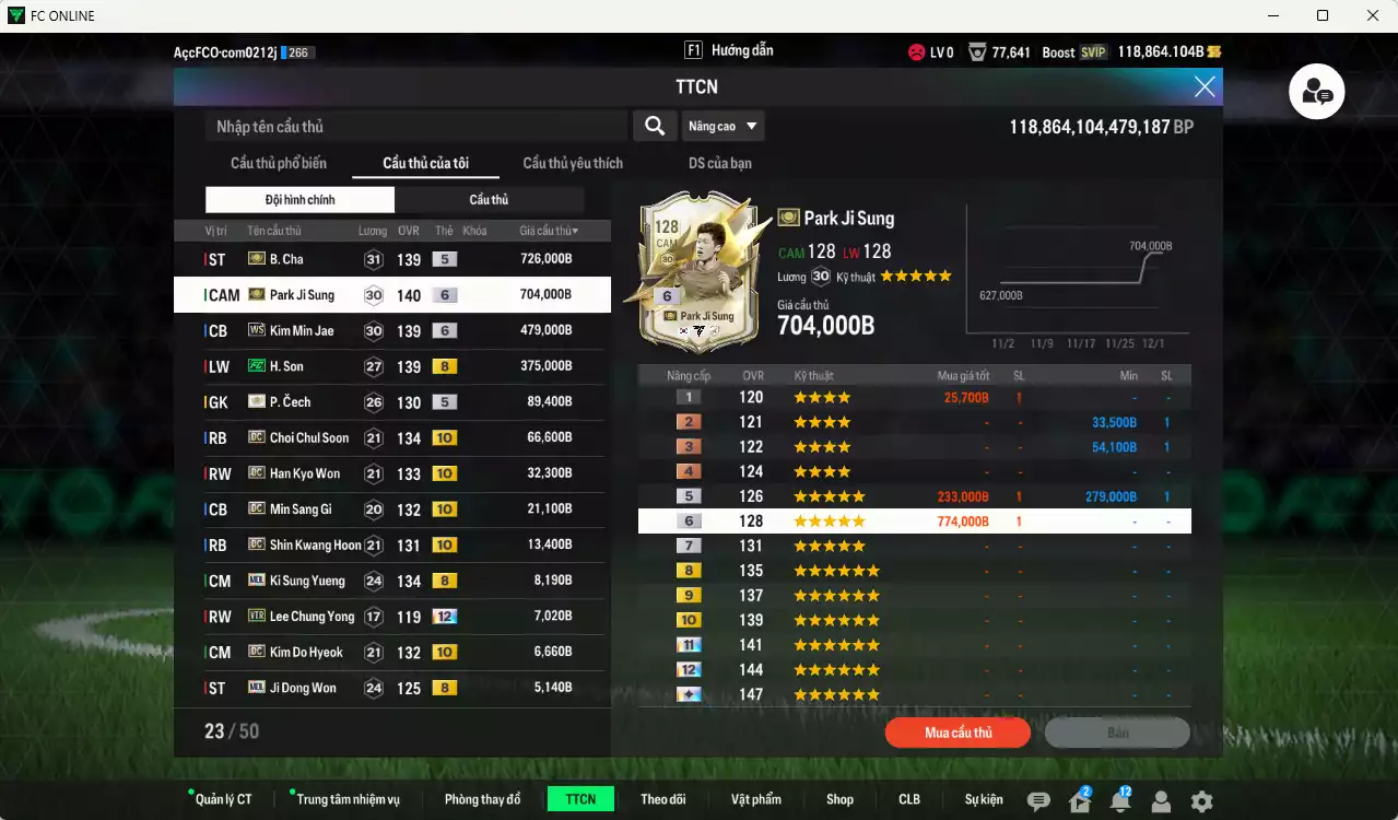 Ảnh [Độc lạ] Hàn Quốc 2.544.830b dư 118kb có Park Ji Sung ITM+6, B. Cha ITM+5, Kim Min Jae WS+6, Son FC, Cech ITM+5, Choi Chul Soon DC+10, Han Kyo Won DC+10, Min Sang Gi DC+10, Shin Kwang Hoon DC+10... Đã đào tạo chỉ số nhiều ct, dư 40.000TC, VIP BK Tháng 12