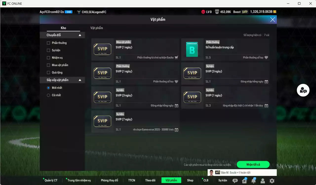 Ảnh ACC 1326319b trắng, có thẻ đổi tên, còn nhiều thẻ BV vs NCL. HLV Siêu Xịn, dư 222.000TC