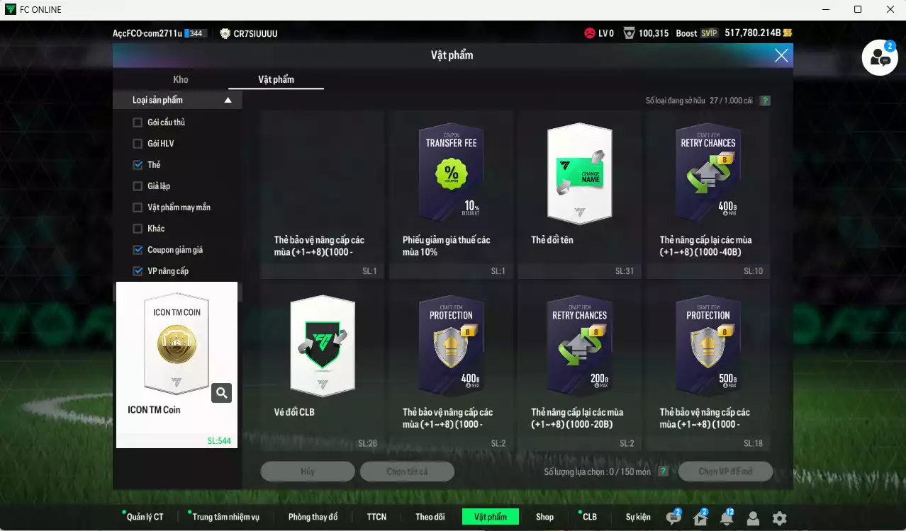 Ảnh ACC 517780b trắng, có thẻ đổi tên. Gần full bảng đào tạo chiến thuật, dư 39.000TC