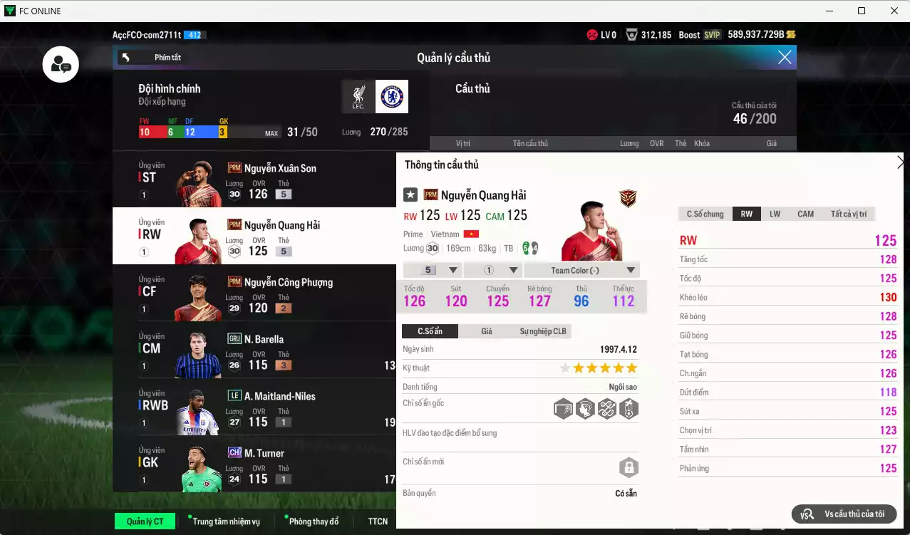 Ảnh ACC 589937b trắng vs Xuân Son PRM, Quang Hải PRM, có thẻ đổi tên, còn nhiều SVIP vs CP GIẢM THUẾ. HLV Xịn, đã full bảng đào tạo chiến thuật