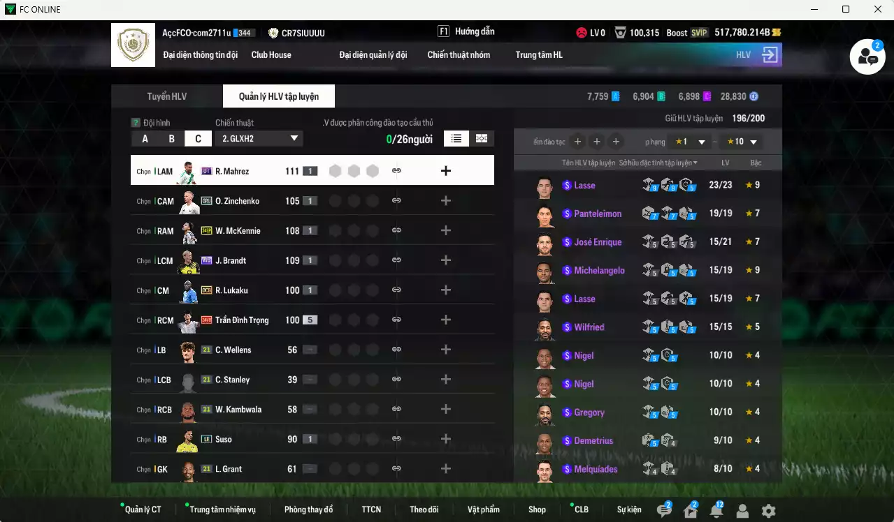 Ảnh ACC 517780b trắng, có thẻ đổi tên. Gần full bảng đào tạo chiến thuật, dư 39.000TC