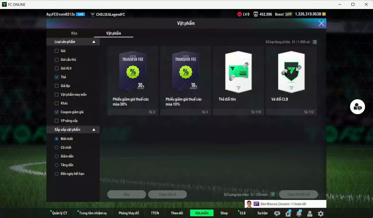 Ảnh ACC 1326319b trắng, có thẻ đổi tên, còn nhiều thẻ BV vs NCL. HLV Siêu Xịn, dư 222.000TC