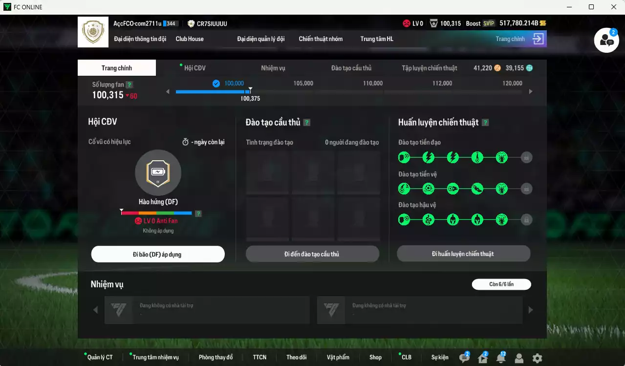 Ảnh ACC 517780b trắng, có thẻ đổi tên. Gần full bảng đào tạo chiến thuật, dư 39.000TC