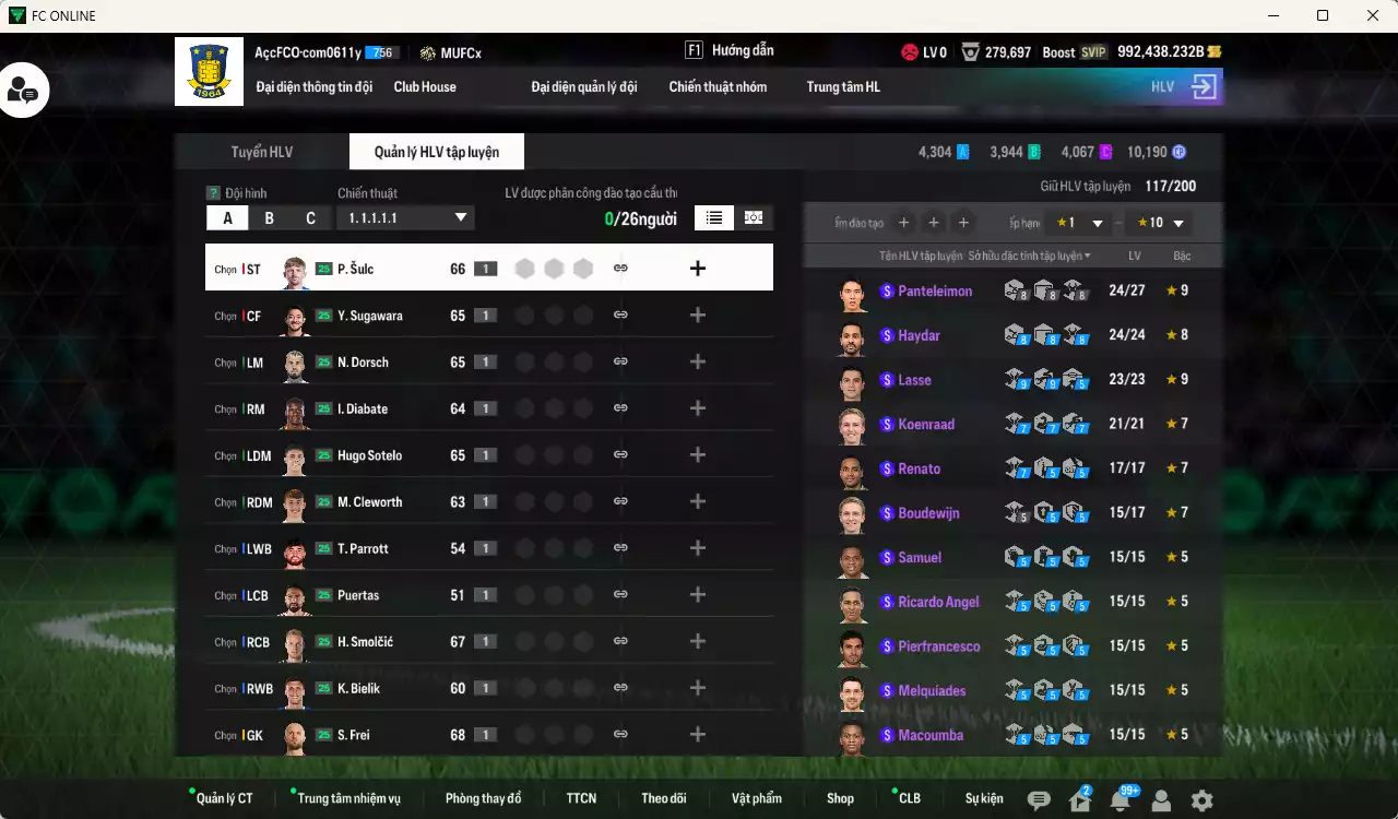 Ảnh ACC 992438b trắng, có thẻ đổi tên, còn CP GIẢM THUẾ. HLV Xịn, gần full bảng đào tạo chiến thuật