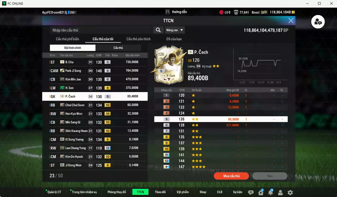 Ảnh [Độc lạ] Hàn Quốc 2.544.830b dư 118kb có Park Ji Sung ITM+6, B. Cha ITM+5, Kim Min Jae WS+6, Son FC, Cech ITM+5, Choi Chul Soon DC+10, Han Kyo Won DC+10, Min Sang Gi DC+10, Shin Kwang Hoon DC+10... Đã đào tạo chỉ số nhiều ct, dư 40.000TC, VIP BK Tháng 12