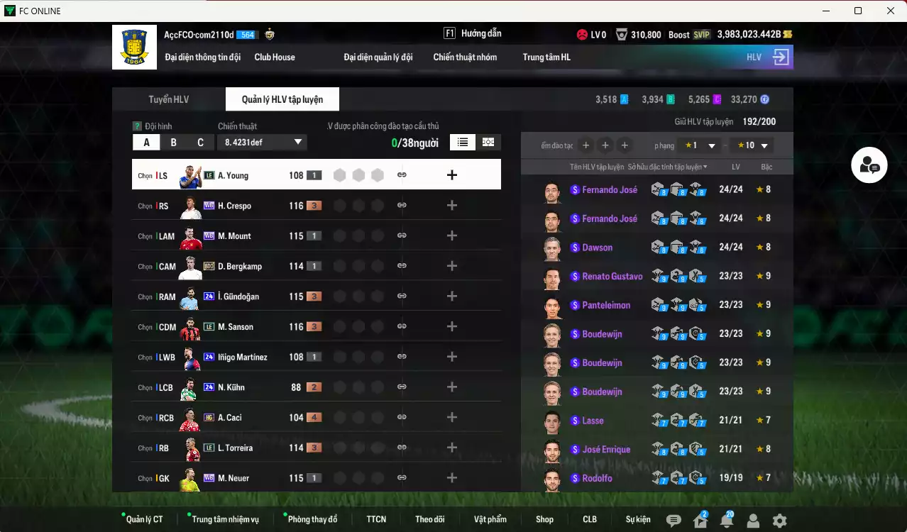 Ảnh ACC 3983023b trắng, có thẻ đổi tên, còn nhiều CP GIẢM THUẾ. HLV Siêu Xịn, đã full bảng đào tạo chiến thuật