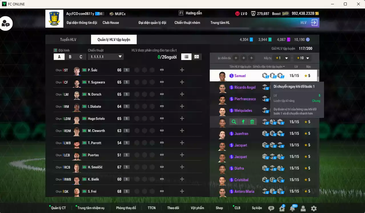 Ảnh ACC 992438b trắng, có thẻ đổi tên, còn CP GIẢM THUẾ. HLV Xịn, gần full bảng đào tạo chiến thuật