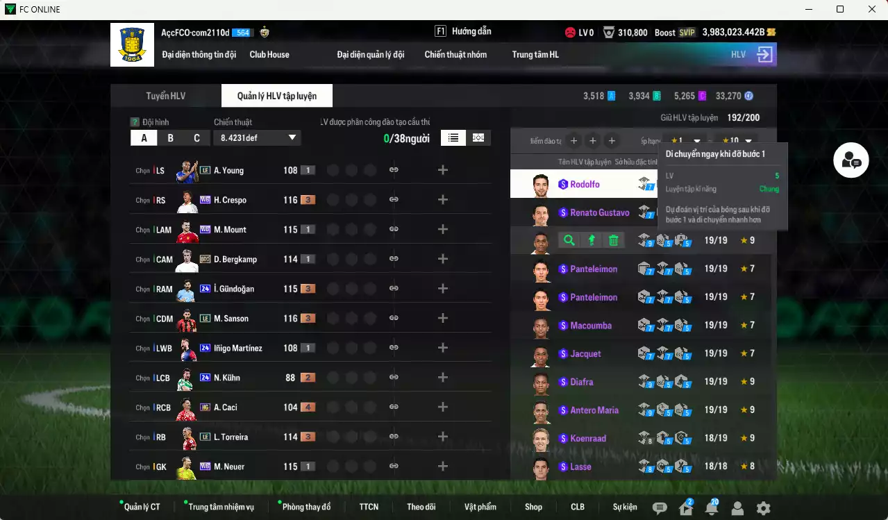 Ảnh ACC 3983023b trắng, có thẻ đổi tên, còn nhiều CP GIẢM THUẾ. HLV Siêu Xịn, đã full bảng đào tạo chiến thuật