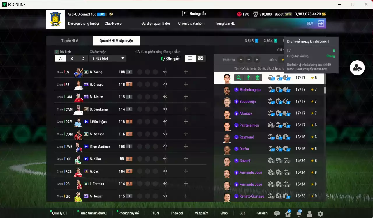 Ảnh ACC 3983023b trắng, có thẻ đổi tên, còn nhiều CP GIẢM THUẾ. HLV Siêu Xịn, đã full bảng đào tạo chiến thuật
