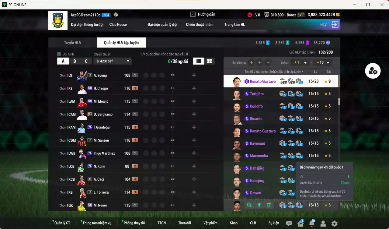 Ảnh ACC 3983023b trắng, có thẻ đổi tên, còn nhiều CP GIẢM THUẾ. HLV Siêu Xịn, đã full bảng đào tạo chiến thuật