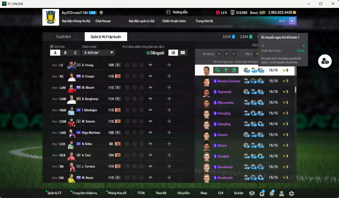 Ảnh ACC 3983023b trắng, có thẻ đổi tên, còn nhiều CP GIẢM THUẾ. HLV Siêu Xịn, đã full bảng đào tạo chiến thuật