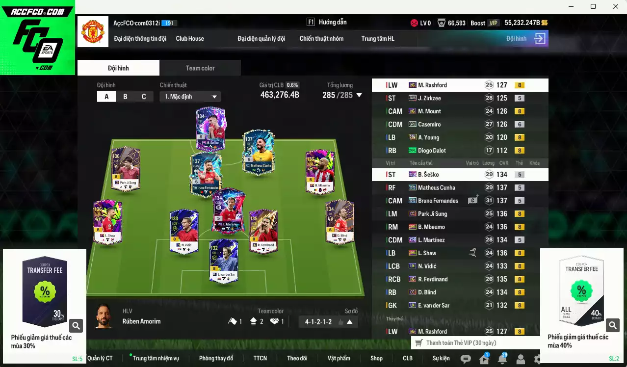 Man Utd. 463.270b dư 55kb có Bruno 25TS, Cunha 25TS, Shaw 23HW, Mbeumo 23HW, Park CC, Vidic LN, L. Martínez CH, Casemiro GTU+6, Sesko 25DP, Zirkzee 24TS, Ferdinand HG... HLV Xịn, đã đào tạo chỉ số nhiều ct