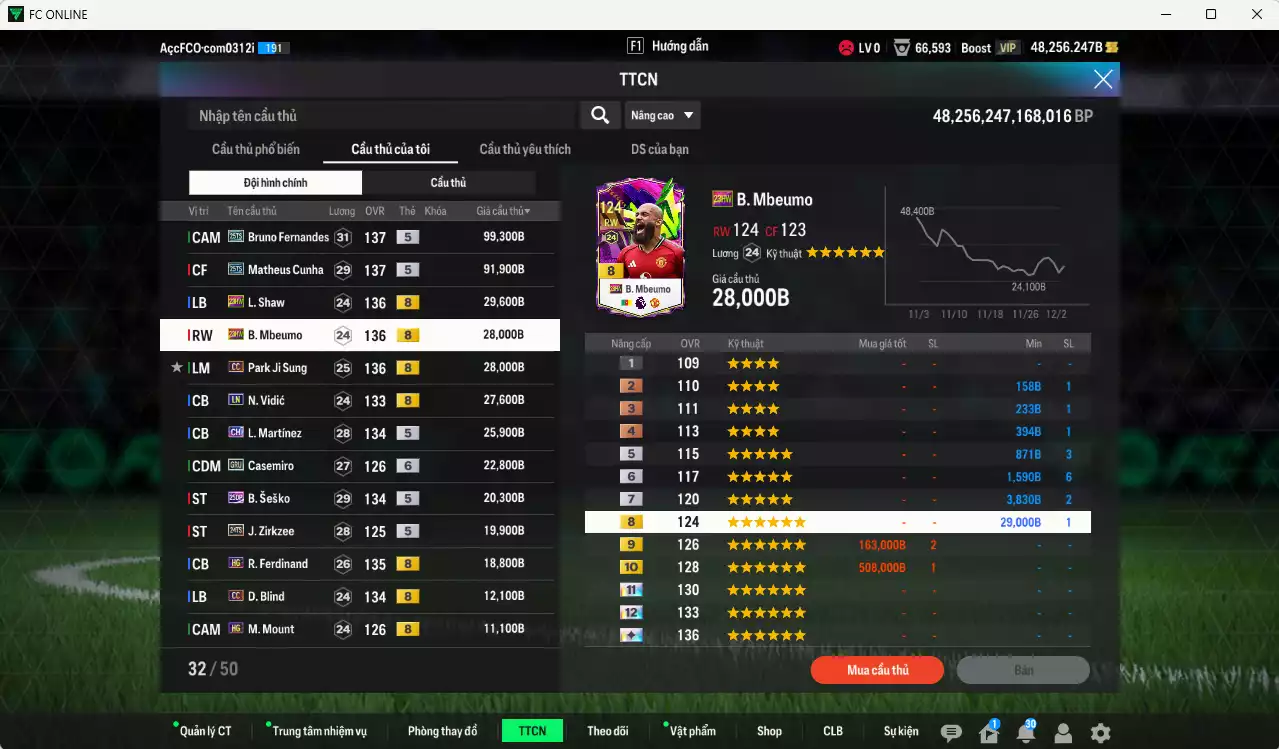 Ảnh Man Utd. 463.270b dư 55kb có Bruno 25TS, Cunha 25TS, Shaw 23HW, Mbeumo 23HW, Park CC, Vidic LN, L. Martínez CH, Casemiro GTU+6, Sesko 25DP, Zirkzee 24TS, Ferdinand HG... HLV Xịn, đã đào tạo chỉ số nhiều ct