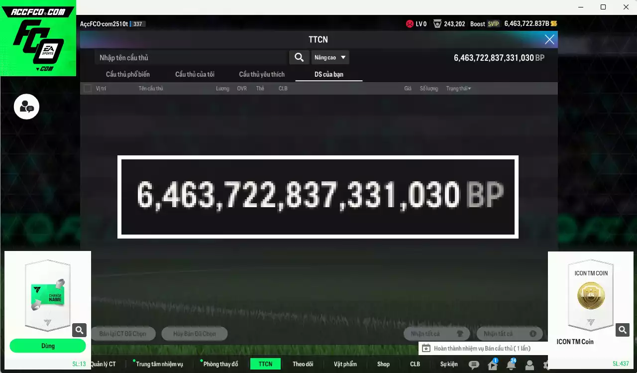 ACC 6.463.722b trằng, có thẻ đổi tên, còn CP GIẢM THUẾ. HLV Xịn