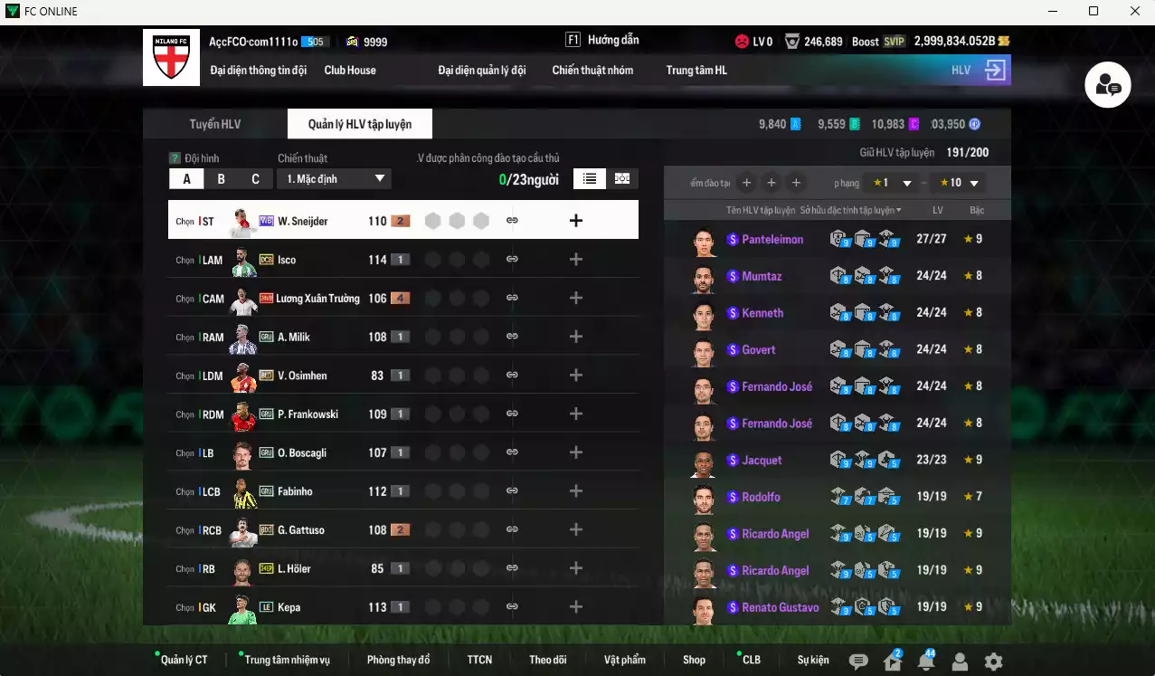 Ảnh ACC 2999834b trắng, có thẻ đổi tên. HLV Siêu Xịn, đã full nữa bảng chiến thuật, dư 235.000TC