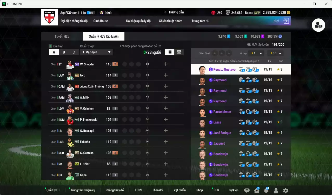 Ảnh ACC 2999834b trắng, có thẻ đổi tên. HLV Siêu Xịn, đã full nữa bảng chiến thuật, dư 235.000TC