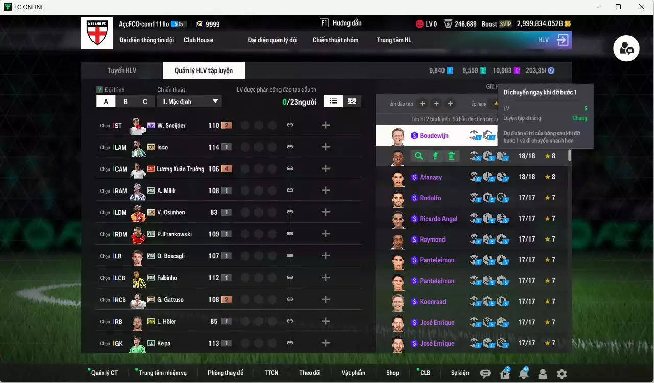 Ảnh ACC 2999834b trắng, có thẻ đổi tên. HLV Siêu Xịn, đã full nữa bảng chiến thuật, dư 235.000TC